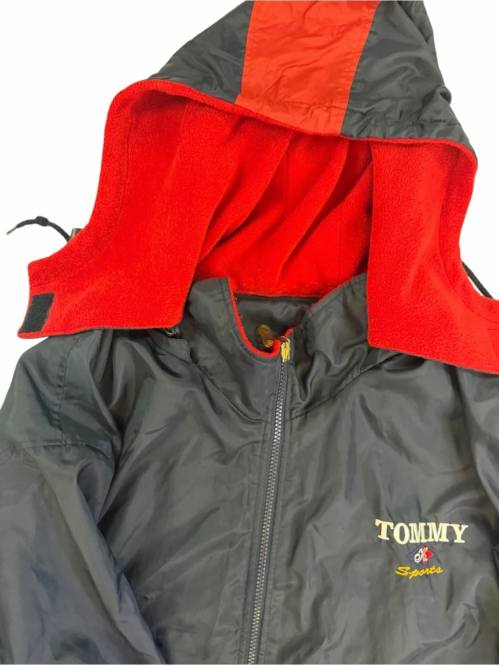 Tommy Hilfiger Navy and Red Hooded Windbreaker Jacket Vintage Y2K